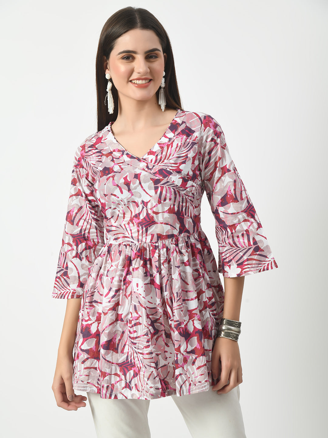 Women's Pink Printed Flared Short Kurti With Angrakha Style - Rasiya