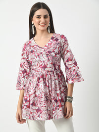 Thumbnail for Women's Pink Printed Flared Short Kurti With Angrakha Style - Rasiya