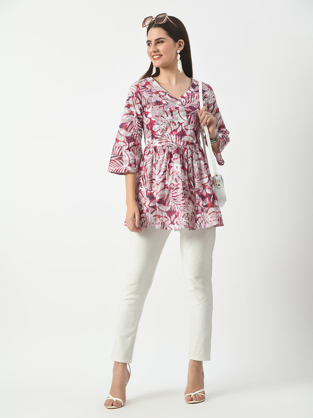 Women's Pink Printed Flared Short Kurti With Angrakha Style - Rasiya