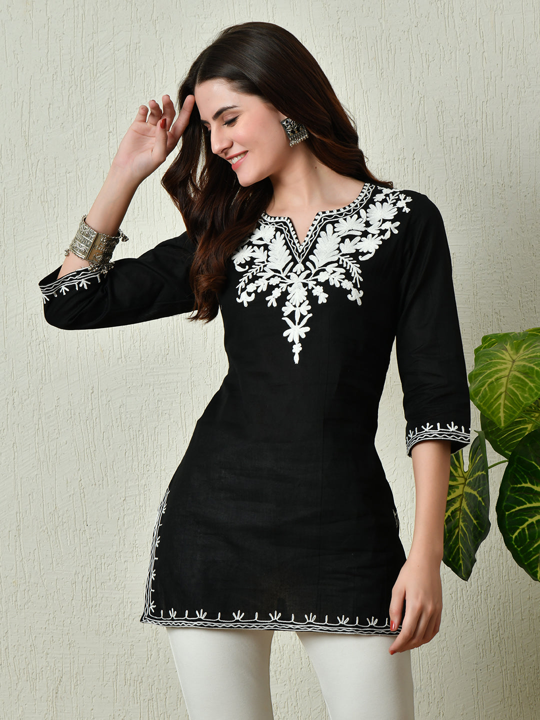 Women Stylish black Cotton Short Kurti with Elegant Work - Rasiya