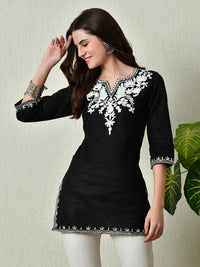 Thumbnail for Women Stylish black Cotton Short Kurti with Elegant Work - Rasiya