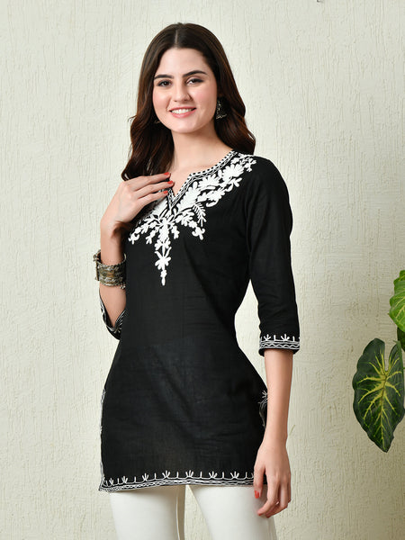 Women Stylish black Cotton Short Kurti with Elegant Work - Rasiya
