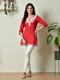 Thumbnail for Women Stylish red Cotton Short Kurti with Elegant Work - Rasiya
