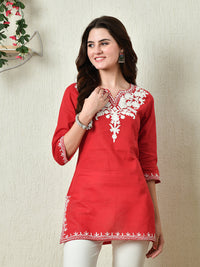 Thumbnail for Women Stylish red Cotton Short Kurti with Elegant Work - Rasiya