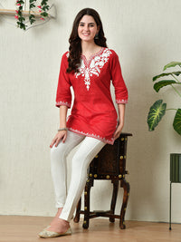 Thumbnail for Women Stylish red Cotton Short Kurti with Elegant Work - Rasiya