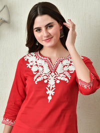 Thumbnail for Women Stylish red Cotton Short Kurti with Elegant Work - Rasiya