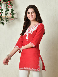Thumbnail for Women Stylish red Cotton Short Kurti with Elegant Work - Rasiya