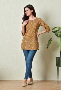 Thumbnail for Women Stylish Mustard Cotton Short Kurti with Elegant Print - Rasiya