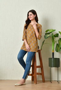 Thumbnail for Women Stylish Mustard Cotton Short Kurti with Elegant Print - Rasiya