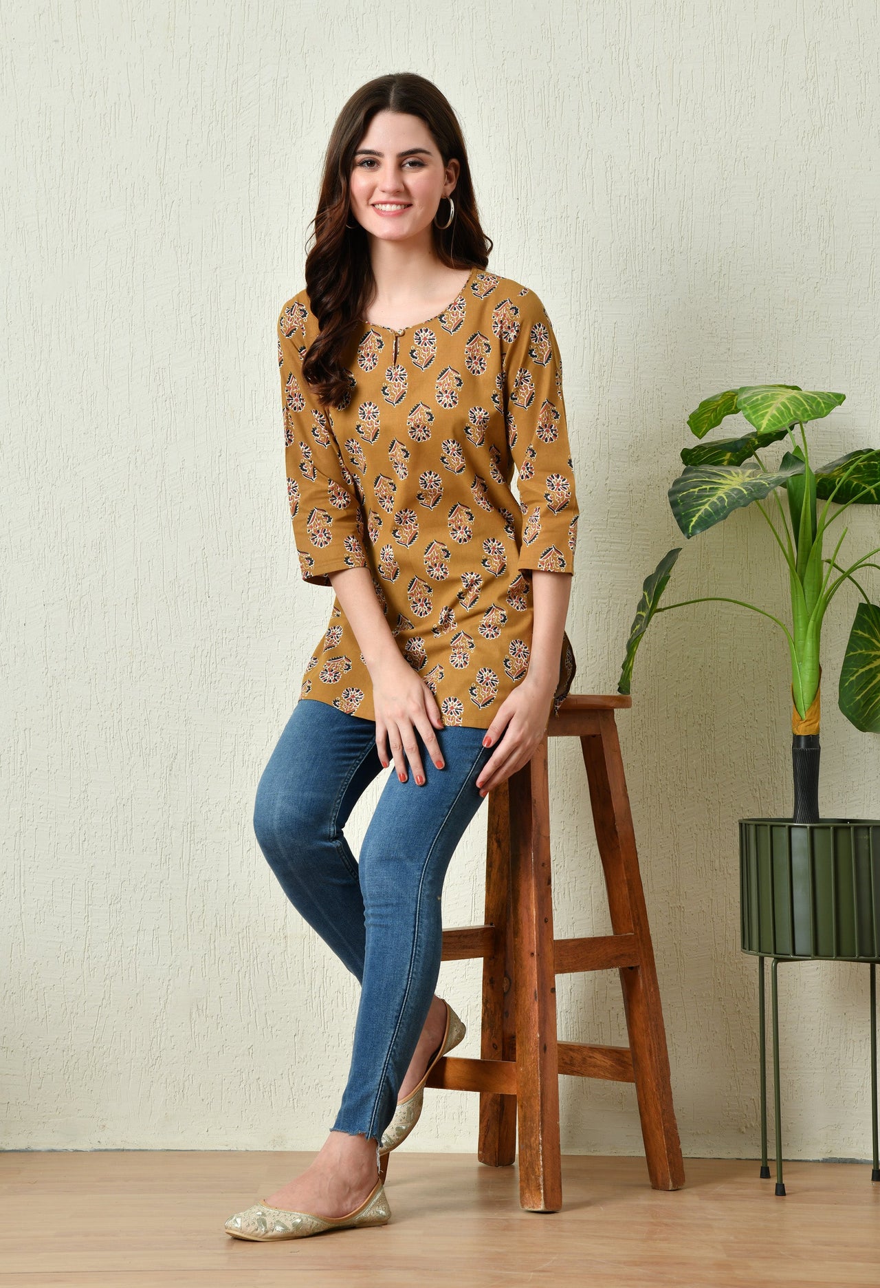 Women Stylish Mustard Cotton Short Kurti with Elegant Print - Rasiya