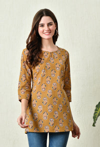 Thumbnail for Women Stylish Mustard Cotton Short Kurti with Elegant Print - Rasiya