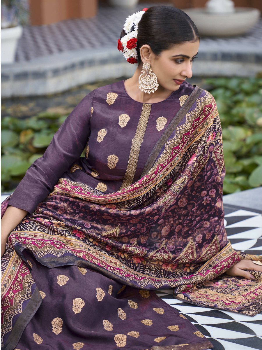 Aastha Fashion Women's Purple Pure Silk Elegant Jacquard Woven Kurta with Trouser & Dupatta - Distacart