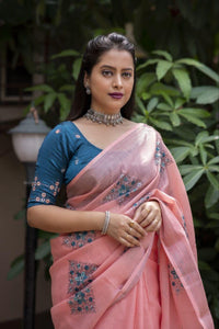 Thumbnail for Brick Pure Linen Ethnic Motifs Saree with Unstitched Blouse - A2M