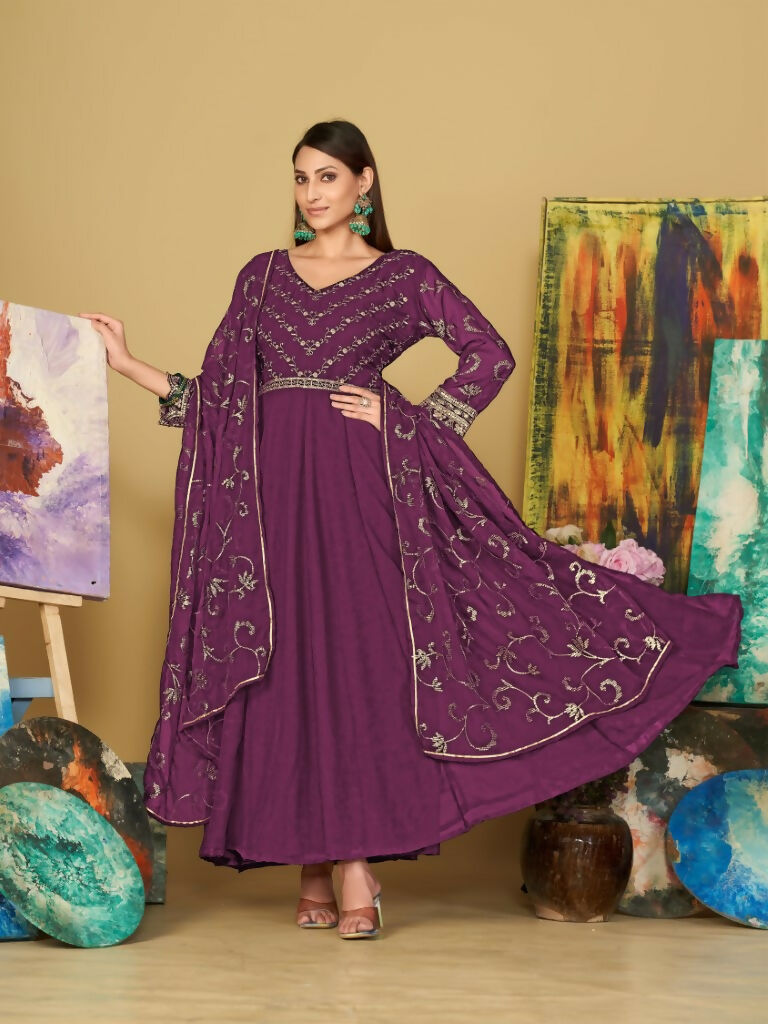Jyoti Fashion Women's Purple Georgette Embroidered Anarkali Kurta Pant Set With Dupatta