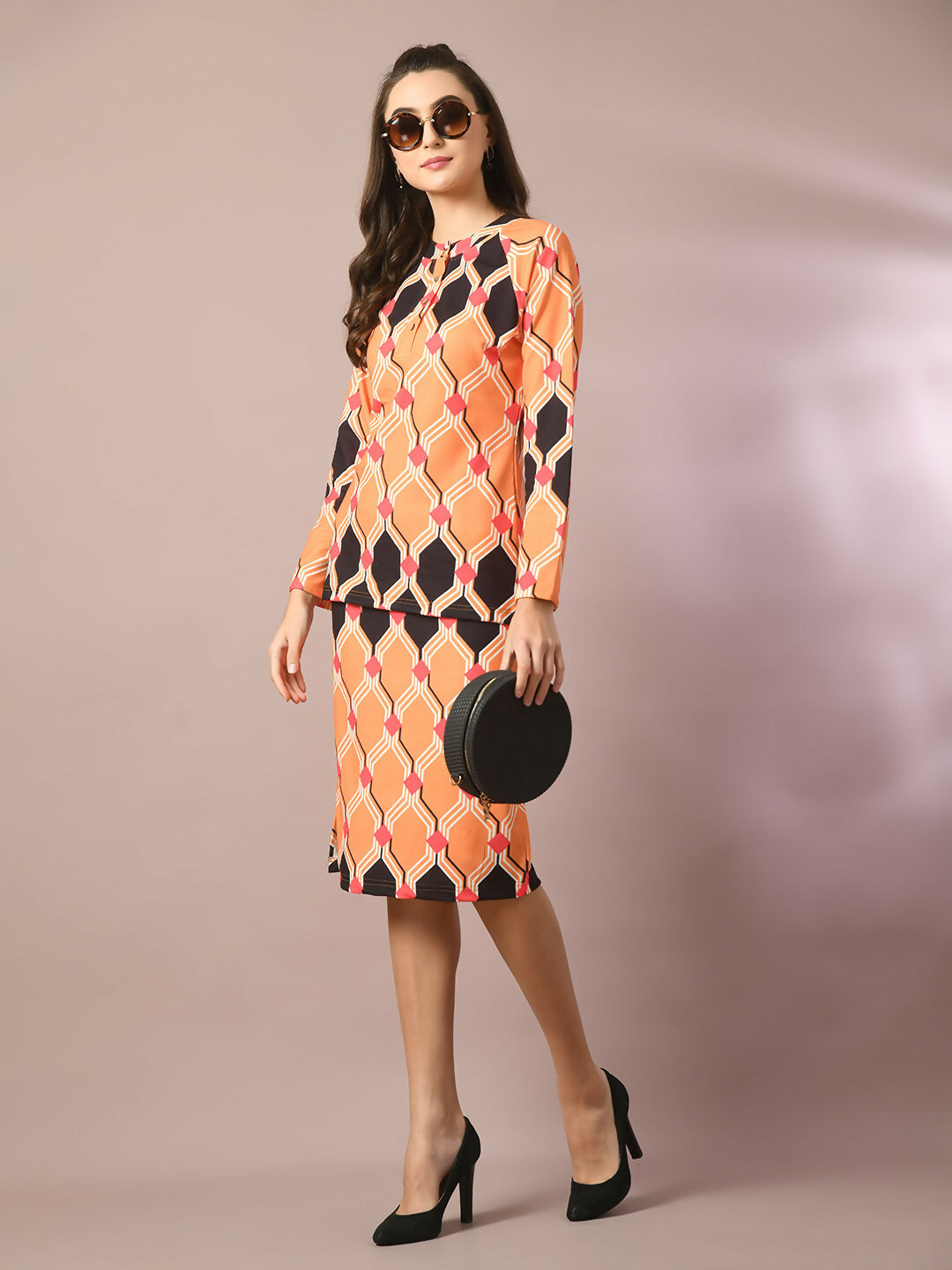 Myshka Women's Multi Printed Round Neck Party Top With Skirt Co-ord set - Distacart