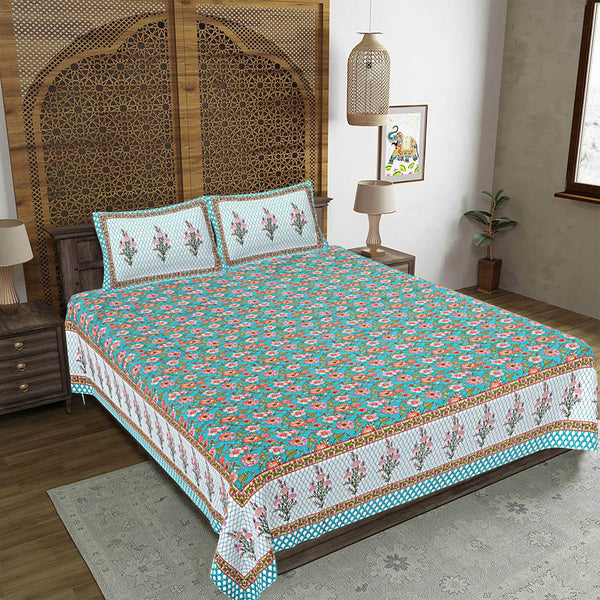 Rudra Bazaar Turquoise Blue 210 TC Cotton Double King Bedsheet With 2 Pillow Covers - Distacart