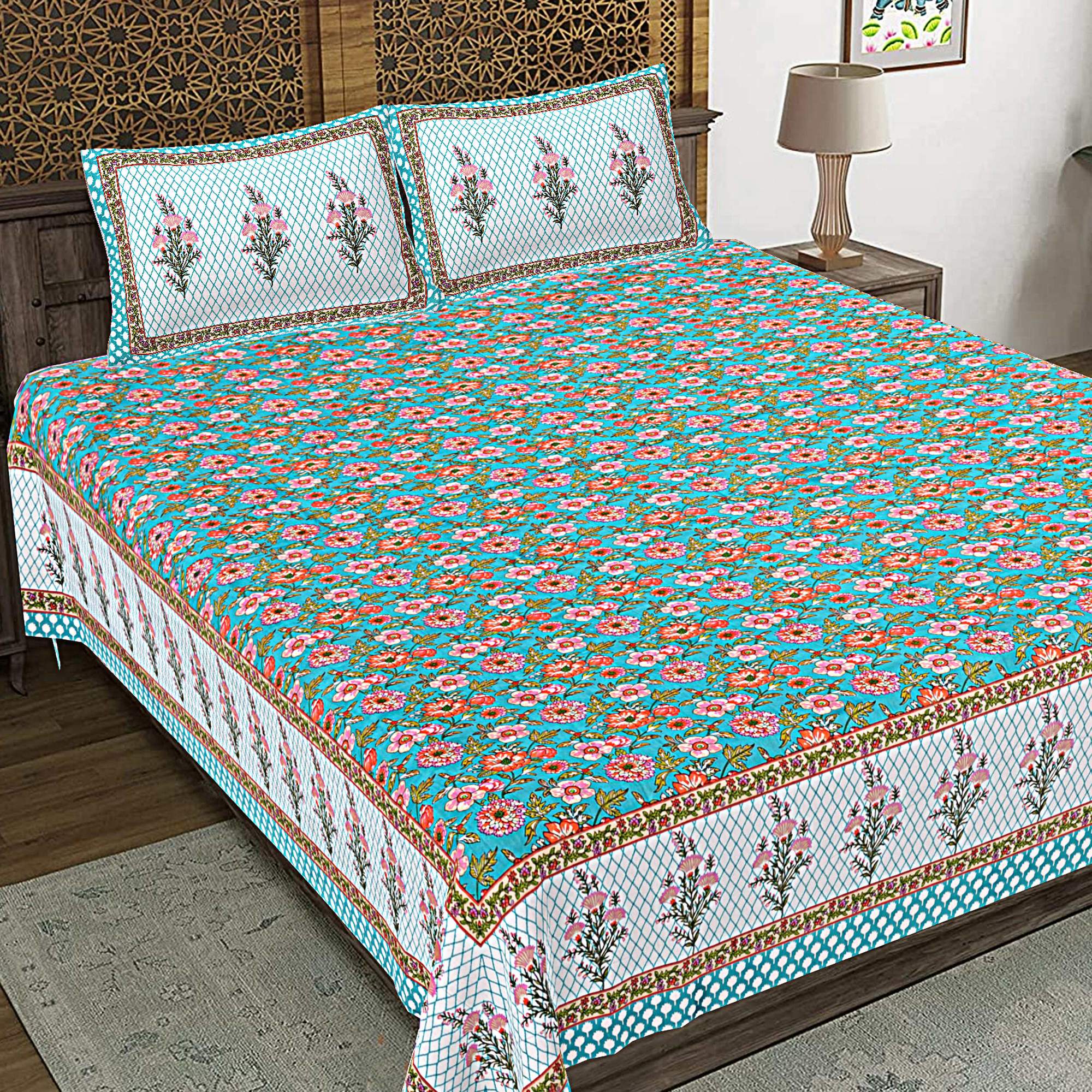 Rudra Bazaar Turquoise Blue 210 TC Cotton Double King Bedsheet With 2 Pillow Covers - Distacart