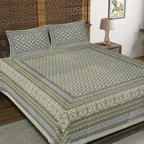 Rudra Bazaar Green 210 TC Cotton Double King Bedsheet With 2 Pillow Covers - Distacart
