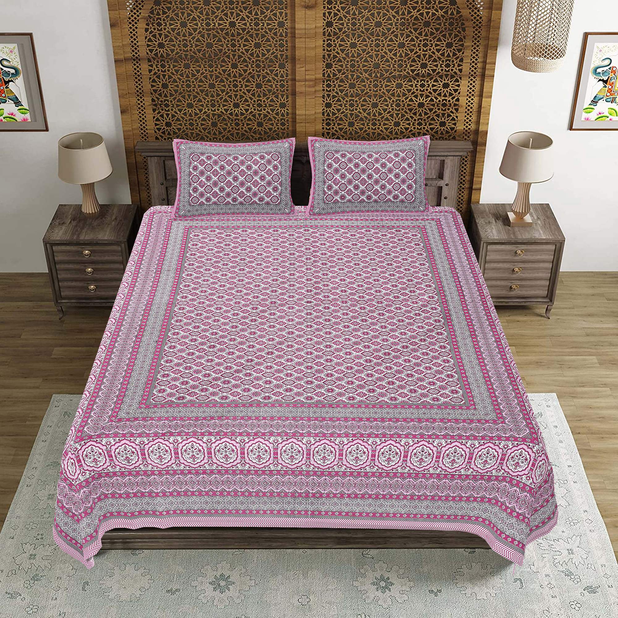 Rudra Bazaar Pink 210 TC Cotton Double King Bedsheet With 2 Pillow Covers - Distacart