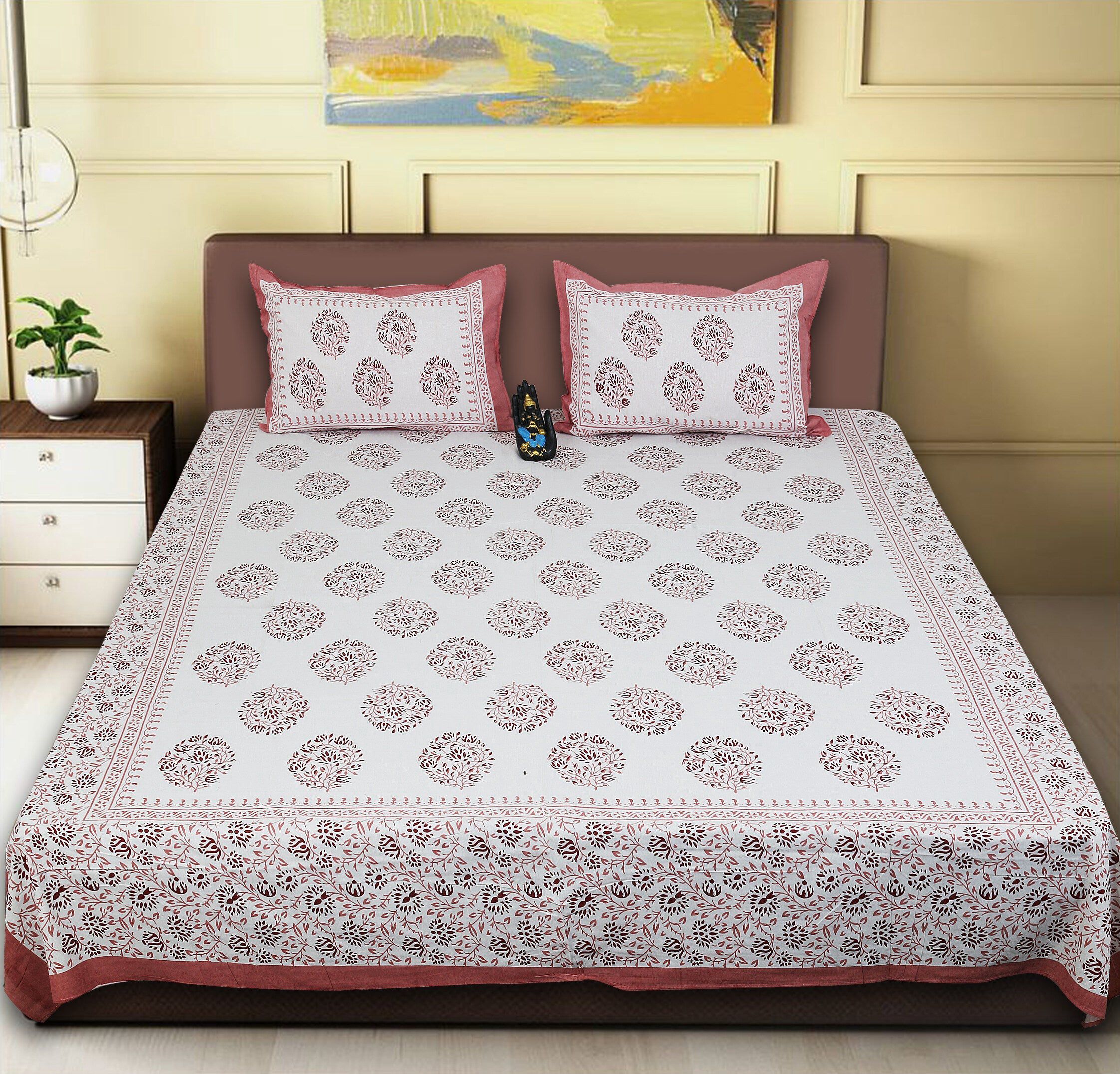 Rudra Bazaar Pink 210 TC Cotton Double King Bedsheet With 2 Pillow Covers - Distacart