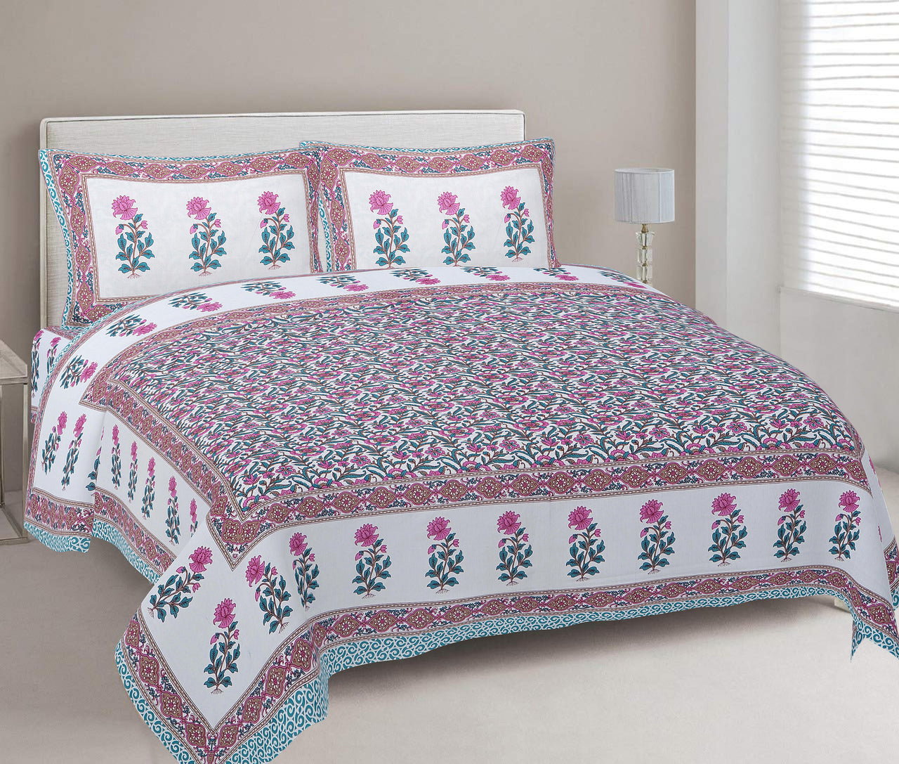 Rudra Bazaar Sea Green 210 TC Cotton Double King Bedsheet With 2 Pillow Covers