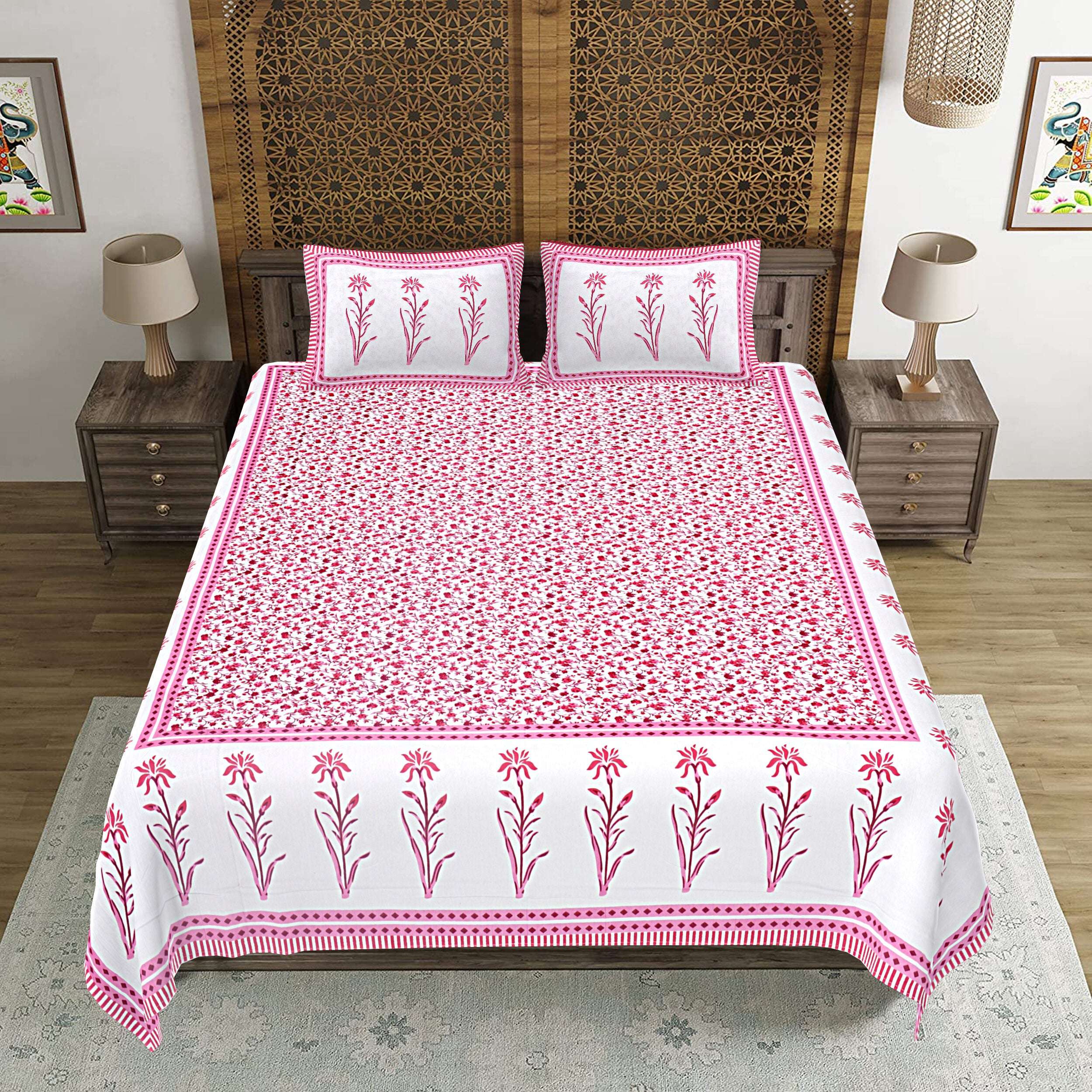 Rudra Bazaar Pink 210 TC Cotton Double King Bedsheet With 2 Pillow Covers - Distacart