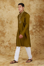 Thumbnail for Bluesaanchi Men's Handloom Embroidered Field Drab Kurta Set - Distacart