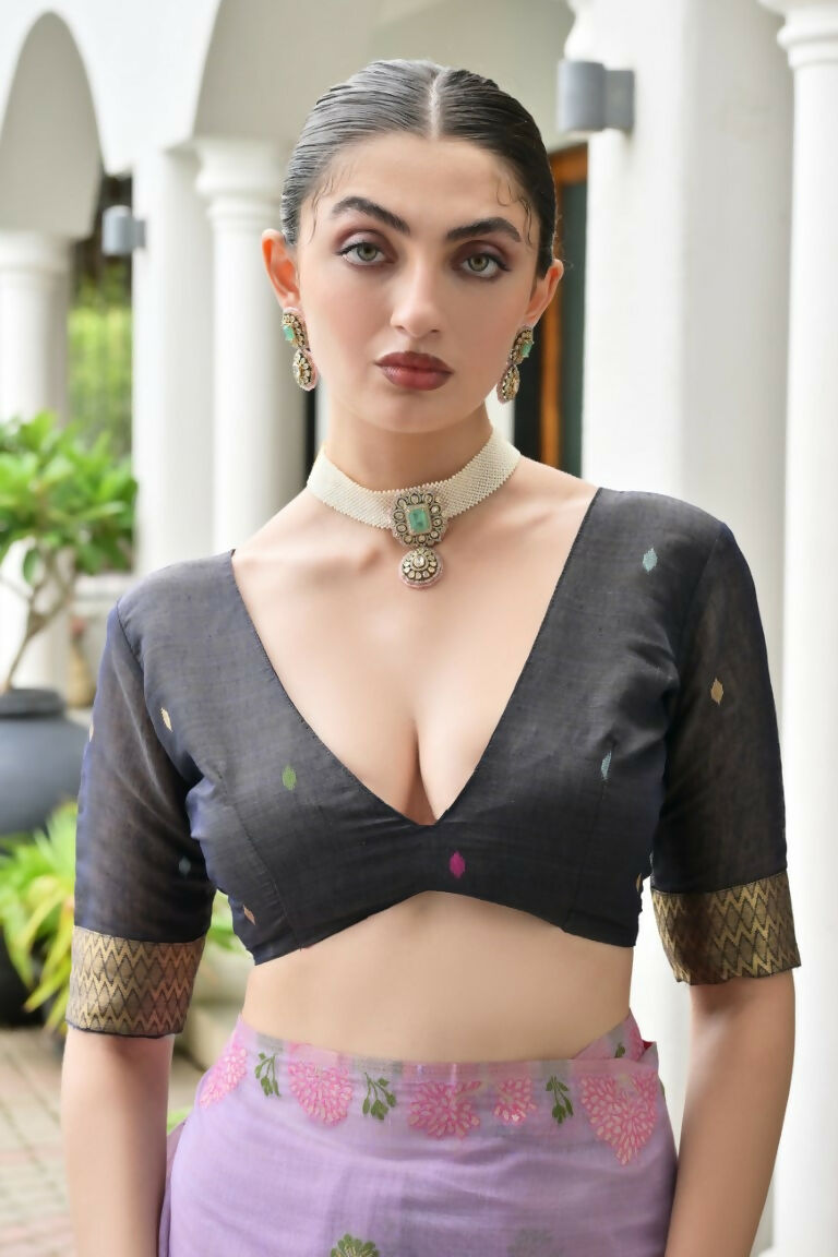 Vishnu Weaves Women's Lavender Muga Cotton Thread Weaving Saree with Blouse