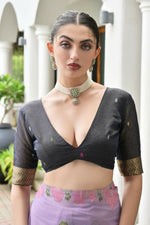 Thumbnail for Vishnu Weaves Women's Lavender Muga Cotton Thread Weaving Saree with Blouse