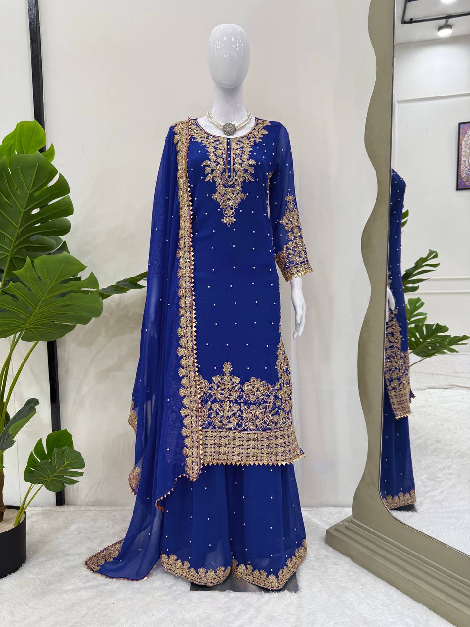 Prazu Fashion Blue Georgette Sequin With Rivet Moti Palazzo Suit