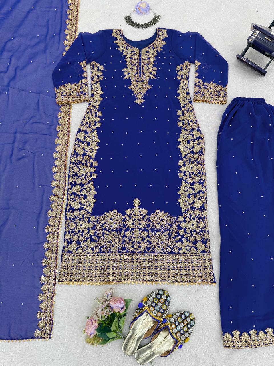 Prazu Fashion Blue Georgette Sequin With Rivet Moti Palazzo Suit