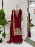 Thumbnail for Prazu Fashion Maroon Georgette Sequin With Rivet Moti Palazzo Suit