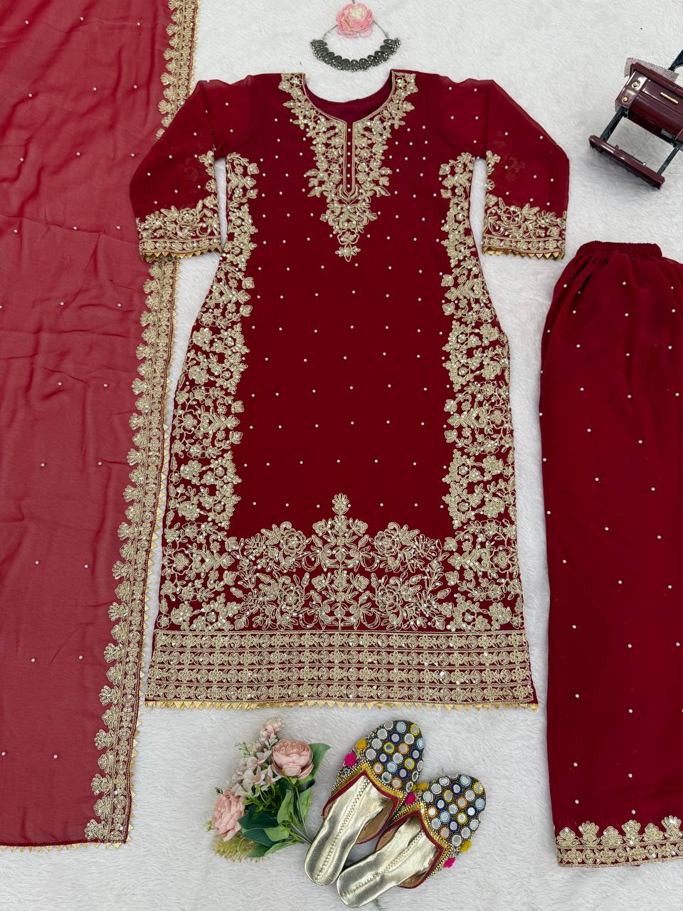 Prazu Fashion Maroon Georgette Sequin With Rivet Moti Palazzo Suit