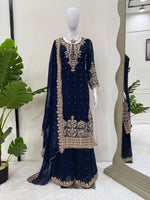 Thumbnail for Prazu Fashion Navy Blue Georgette Sequin With Rivet Moti Palazzo Suit