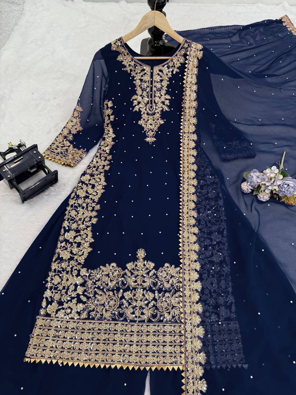 Prazu Fashion Navy Blue Georgette Sequin With Rivet Moti Palazzo Suit