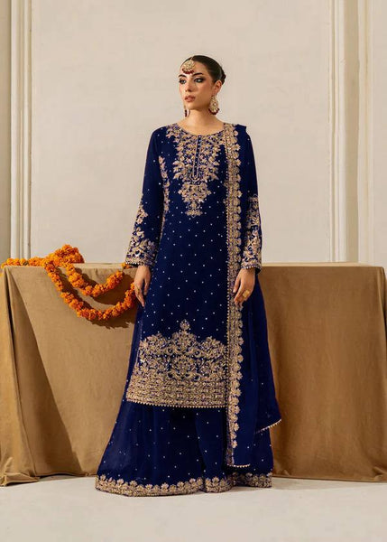 Prazu Fashion Navy Blue Georgette Sequin With Rivet Moti Palazzo Suit