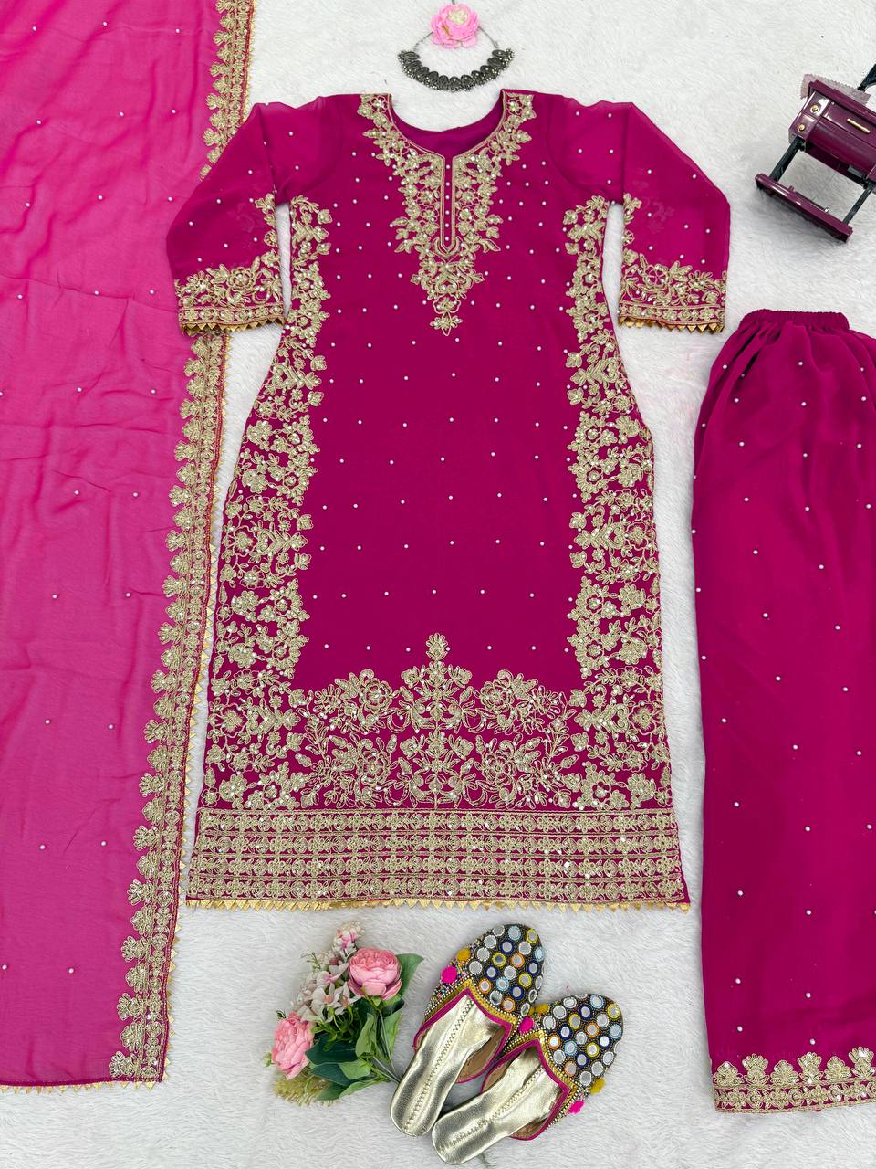 Prazu Fashion Pink Georgette Sequin With Rivet Moti Palazzo Suit