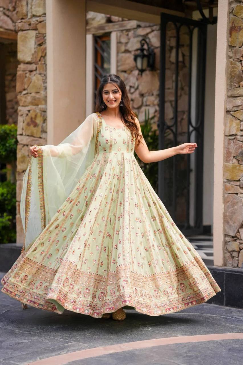 Prazu Fashion Light Lime Green Georgette Thread Sequin Anarkali Suit