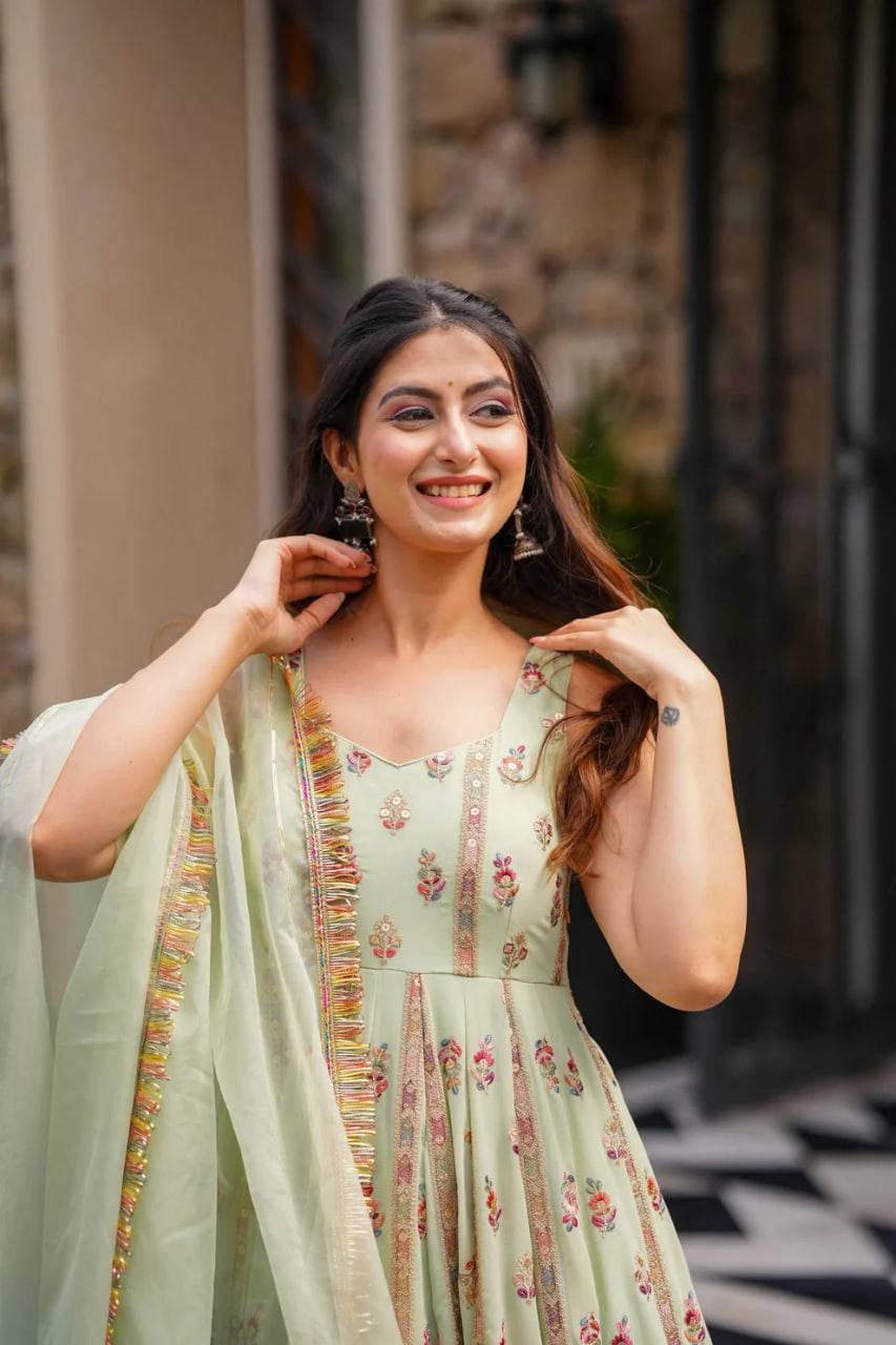 Prazu Fashion Light Lime Green Georgette Thread Sequin Anarkali Suit