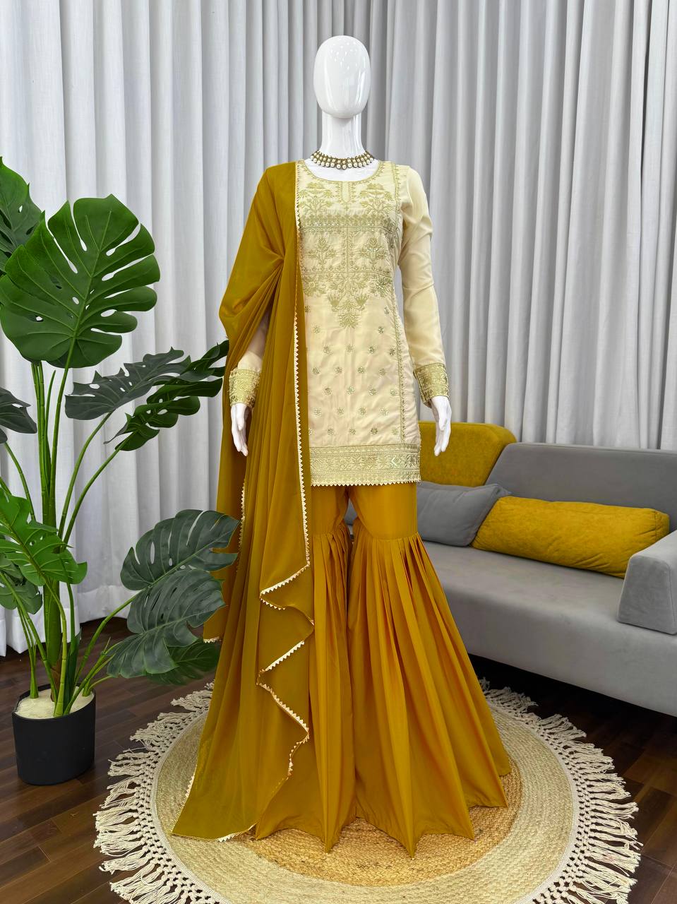 Prazu Fashion Off White Crepe Thread Sequin Sharara Suit