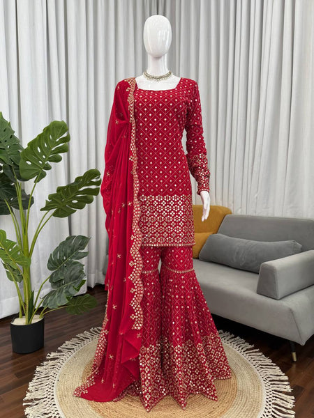 Prazu Fashion Red Georgette Thread Sequin Sharara Suit