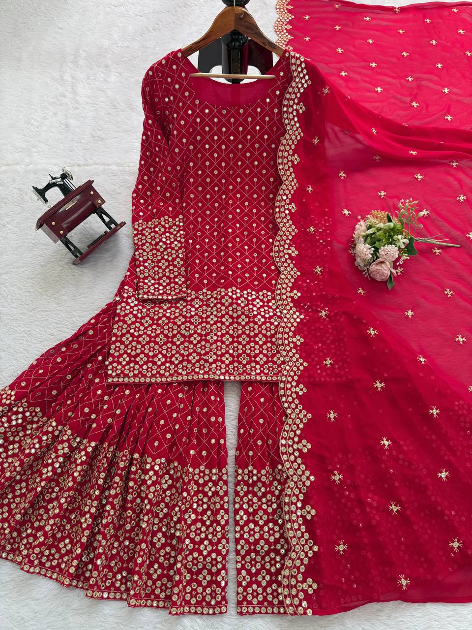 Prazu Fashion Red Georgette Thread Sequin Sharara Suit