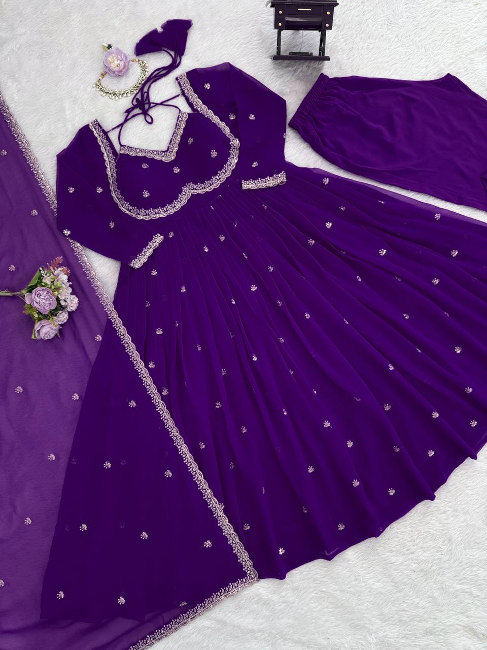 Prazu Fashion Violet Georgette Thread Sequin Anarkali Suit