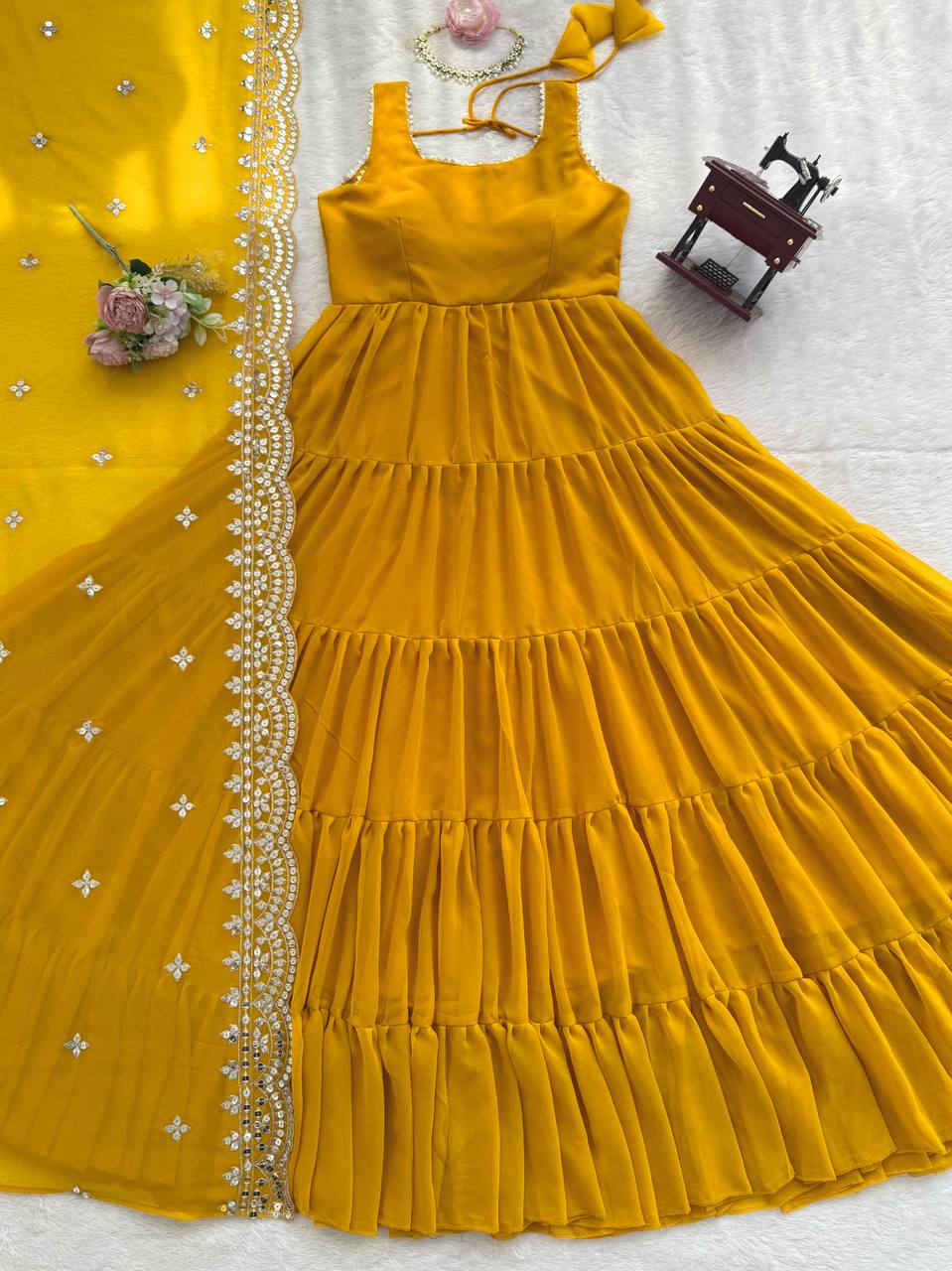 Prazu Fashion Yellow Georgette Designer Anarkali Suit