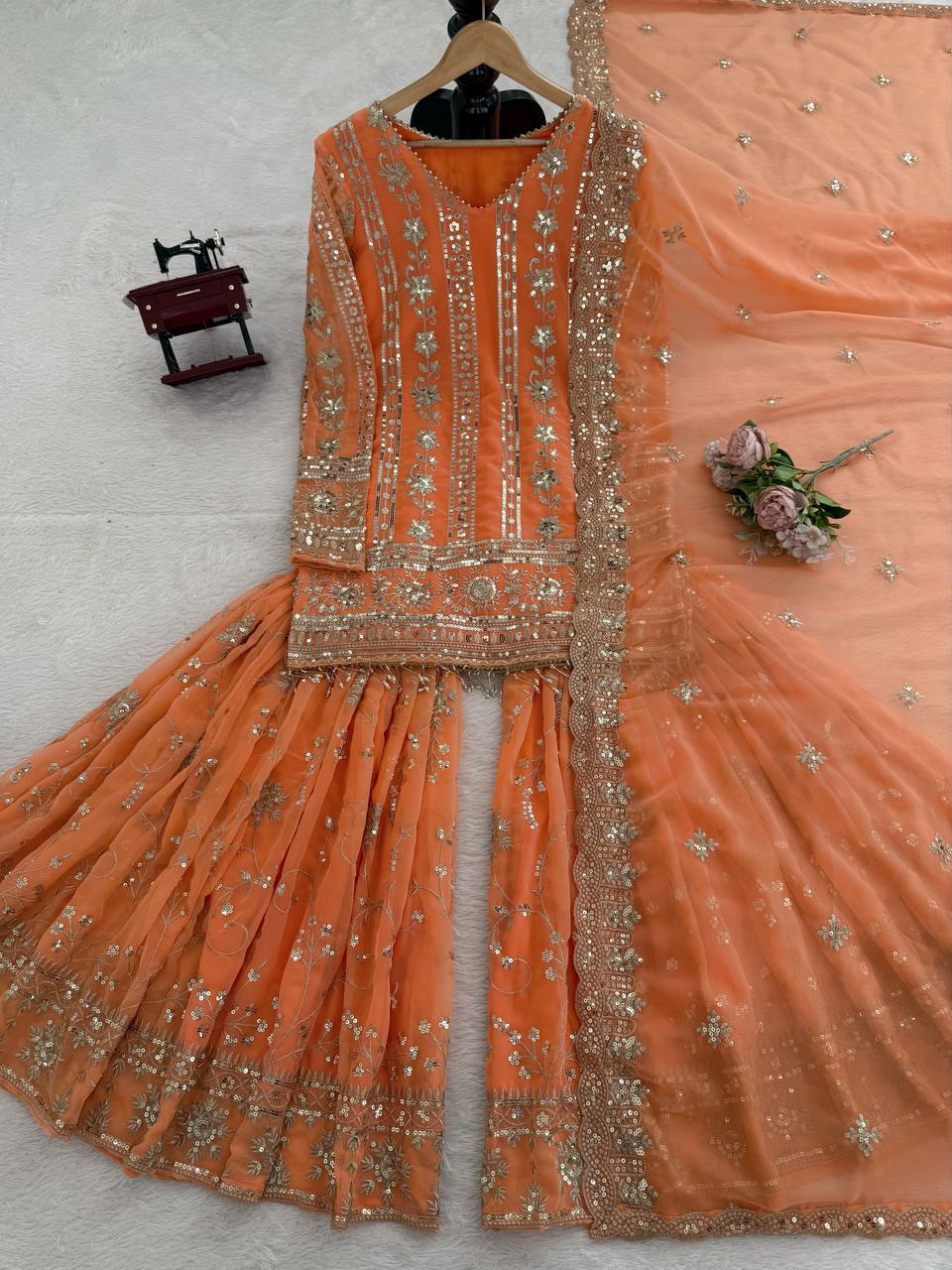 Prazu Fashion Orange Georgette Thread Sequin Sharara Suit