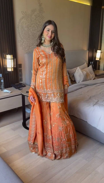 Prazu Fashion Orange Georgette Thread Sequin Sharara Suit
