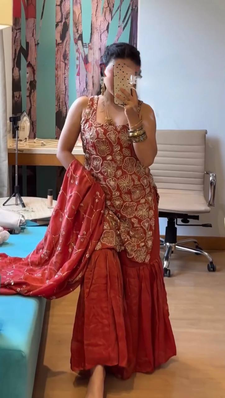 Prazu Fashion Maroon Simmer Silk Thread Sequin Sharara Suit