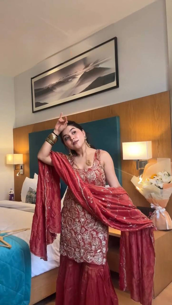 Prazu Fashion Maroon Simmer Silk Thread Sequin Sharara Suit