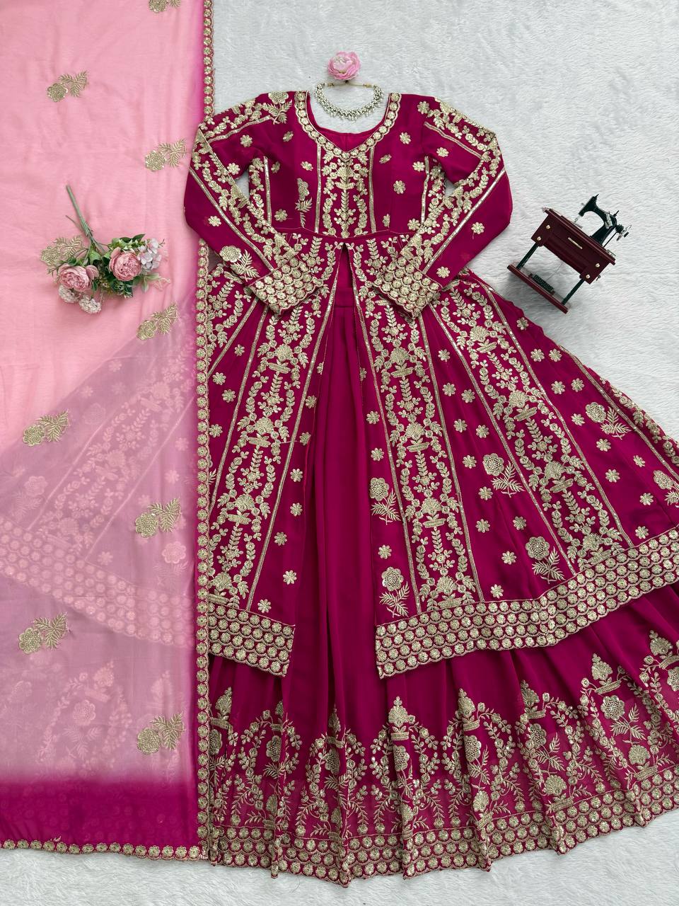Prazu Fashion Maroon Georgette Thread Sequin Lehenga Style Suit