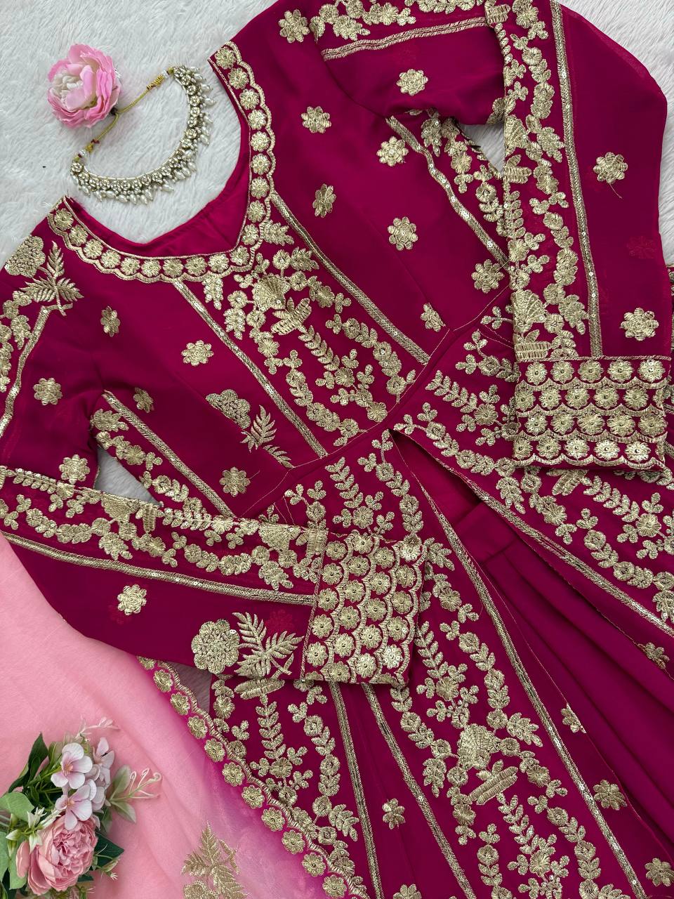 Prazu Fashion Maroon Georgette Thread Sequin Lehenga Style Suit